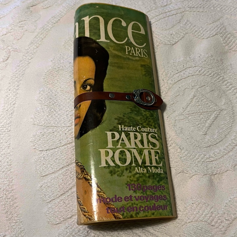 Vintage 70’s clutch purse France Paris Haute Couture faux rolled magazine!